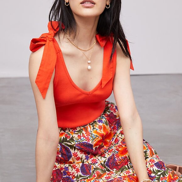 Maeve by Anthropologie Rafaella Ribbed Bow-Tie Tank in Red - Picture 1 of 7